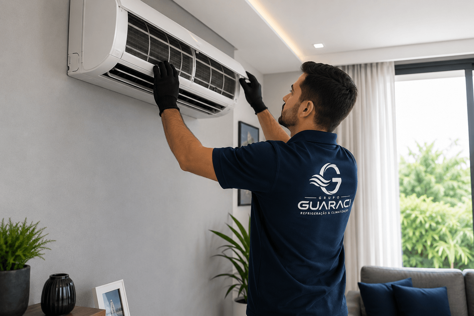 Trabalhador do Grupo Guaraci instalando ar condicionado